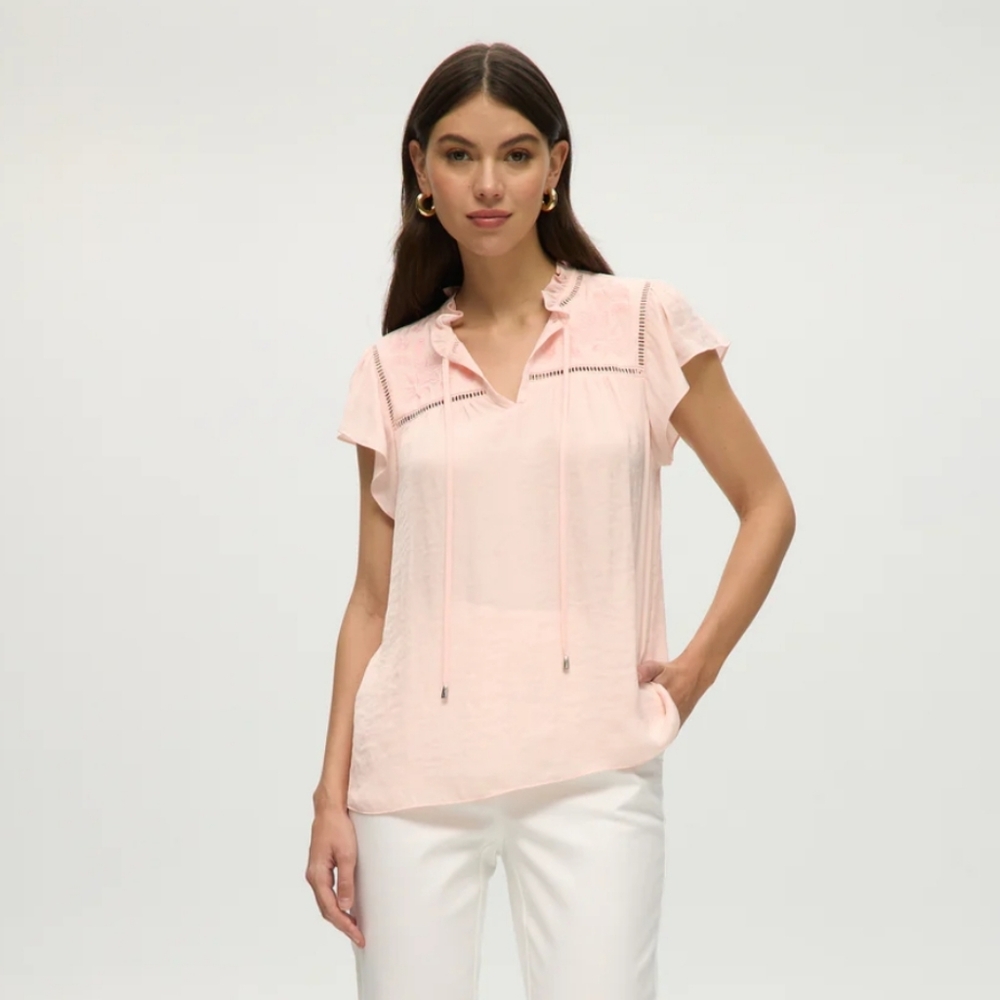 JOIE | Women's Light Pink Flutter Sleeve Floral Embroidered Tie Up Blouse